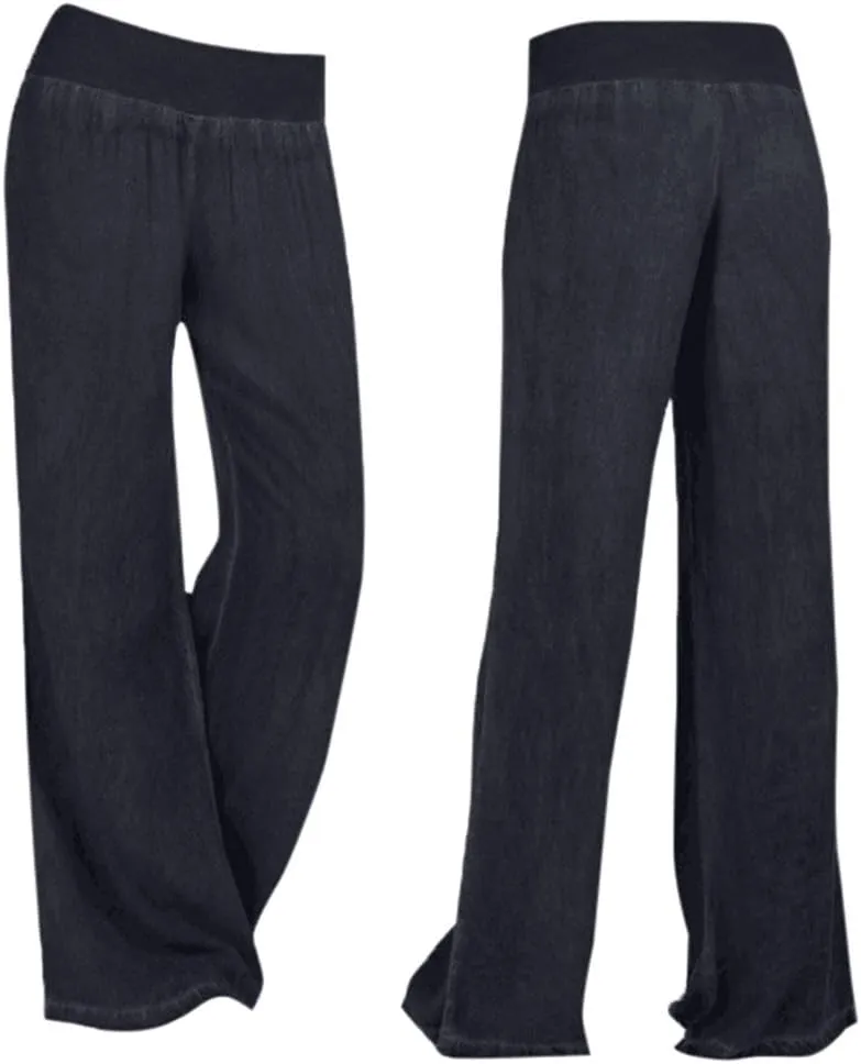 Womens Casual Pant 2024 Summer Trendy High Waist Fake Denim Wide Leg Palazzo Pants Lounge Jeans Trousers with Pocket