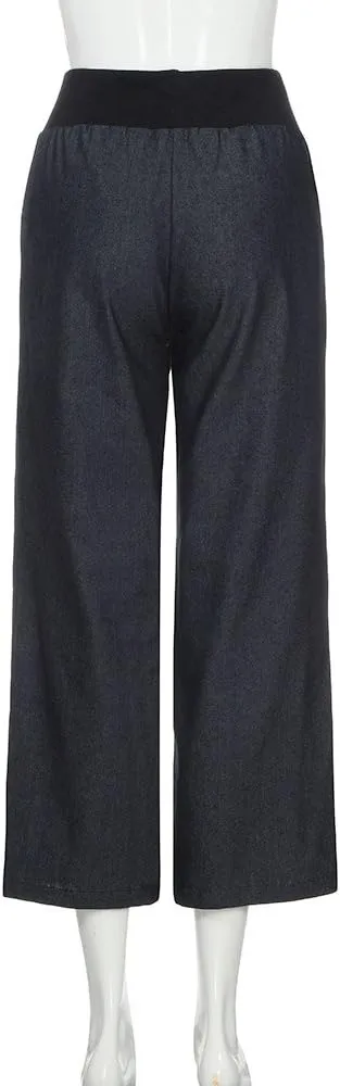 Womens Casual Pant 2024 Summer Trendy High Waist Fake Denim Wide Leg Palazzo Pants Lounge Jeans Trousers with Pocket