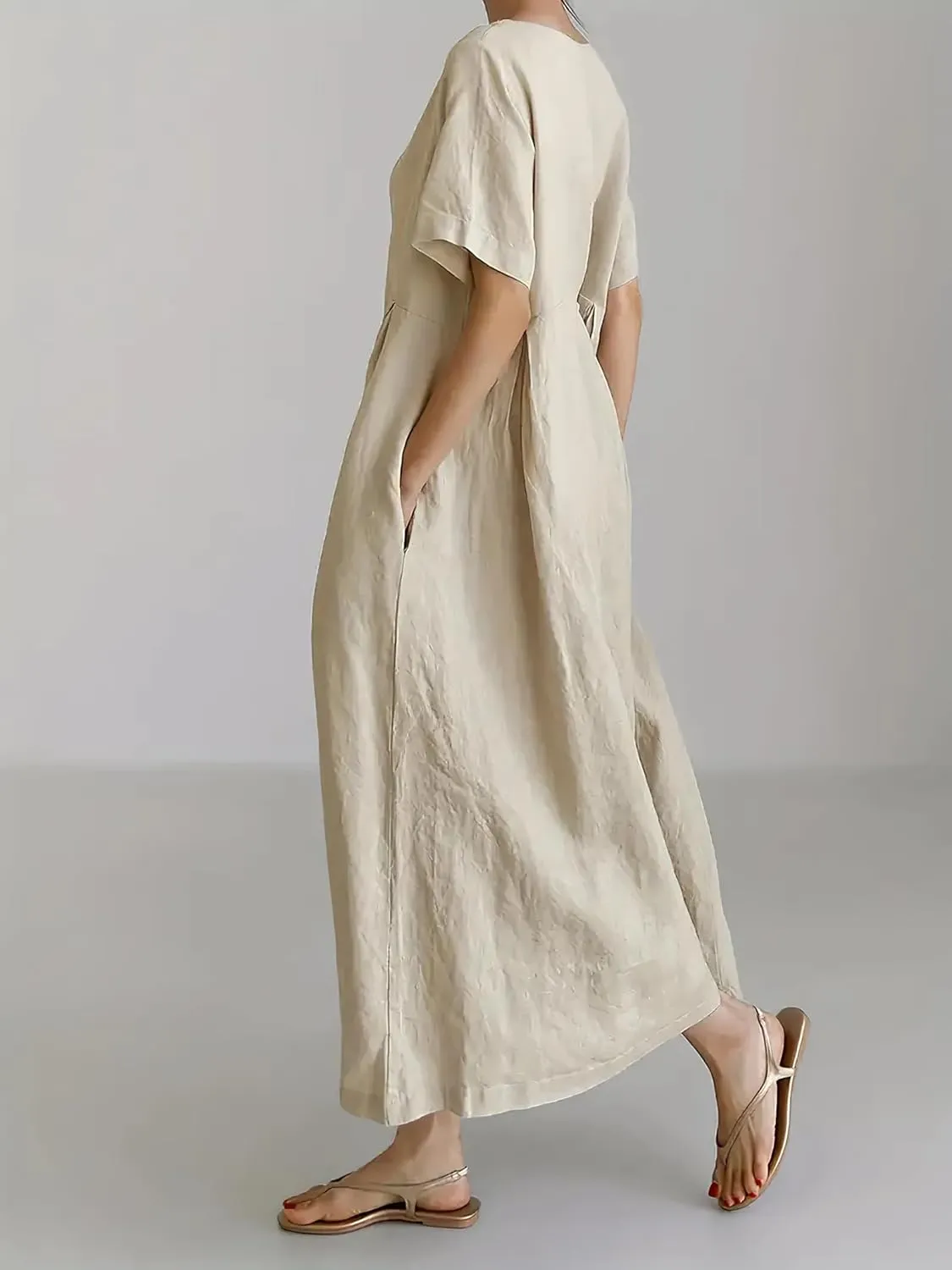 Women's Casual Plus Size Short Sleeve Long Dress Summer Crew Neck Flowy Pleated Midi Dressed with Pockets