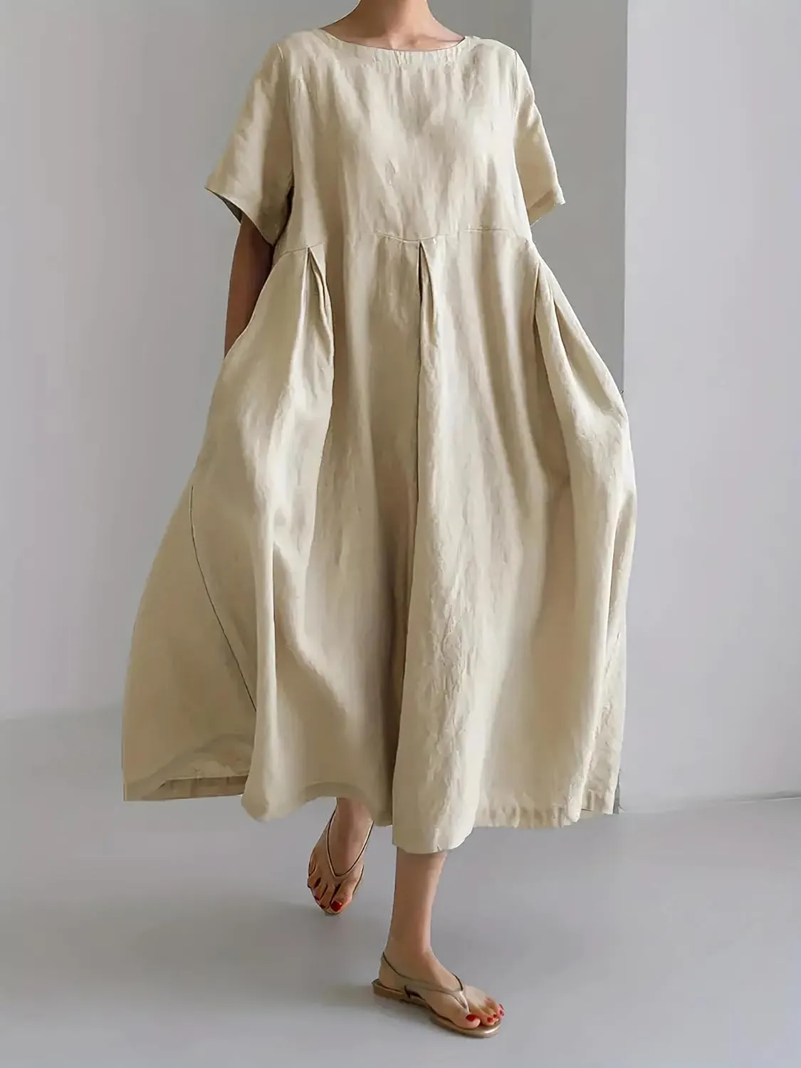 Women's Casual Plus Size Short Sleeve Long Dress Summer Crew Neck Flowy Pleated Midi Dressed with Pockets