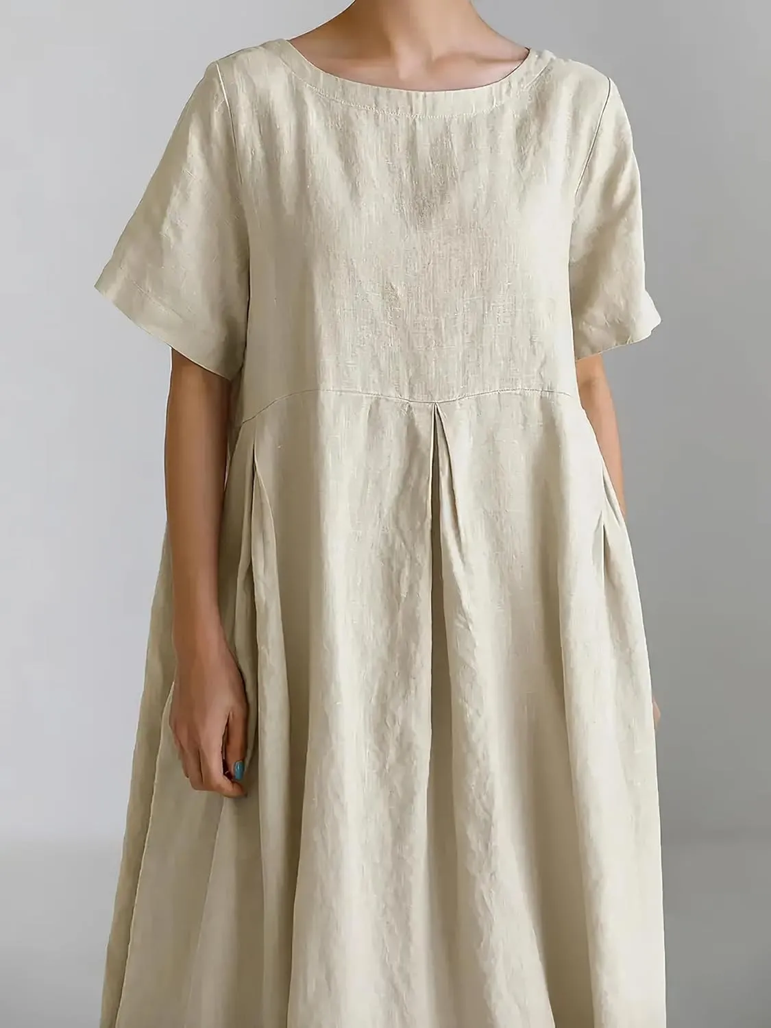 Women's Casual Plus Size Short Sleeve Long Dress Summer Crew Neck Flowy Pleated Midi Dressed with Pockets