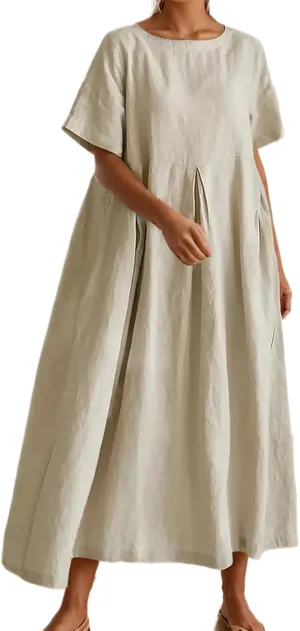 Women's Casual Plus Size Short Sleeve Long Dress Summer Crew Neck Flowy Pleated Midi Dressed with Pockets