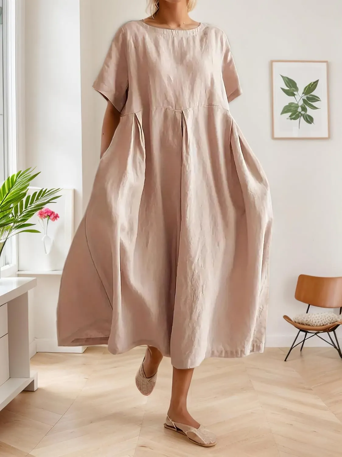 Women's Casual Plus Size Short Sleeve Long Dress Summer Crew Neck Flowy Pleated Midi Dressed with Pockets