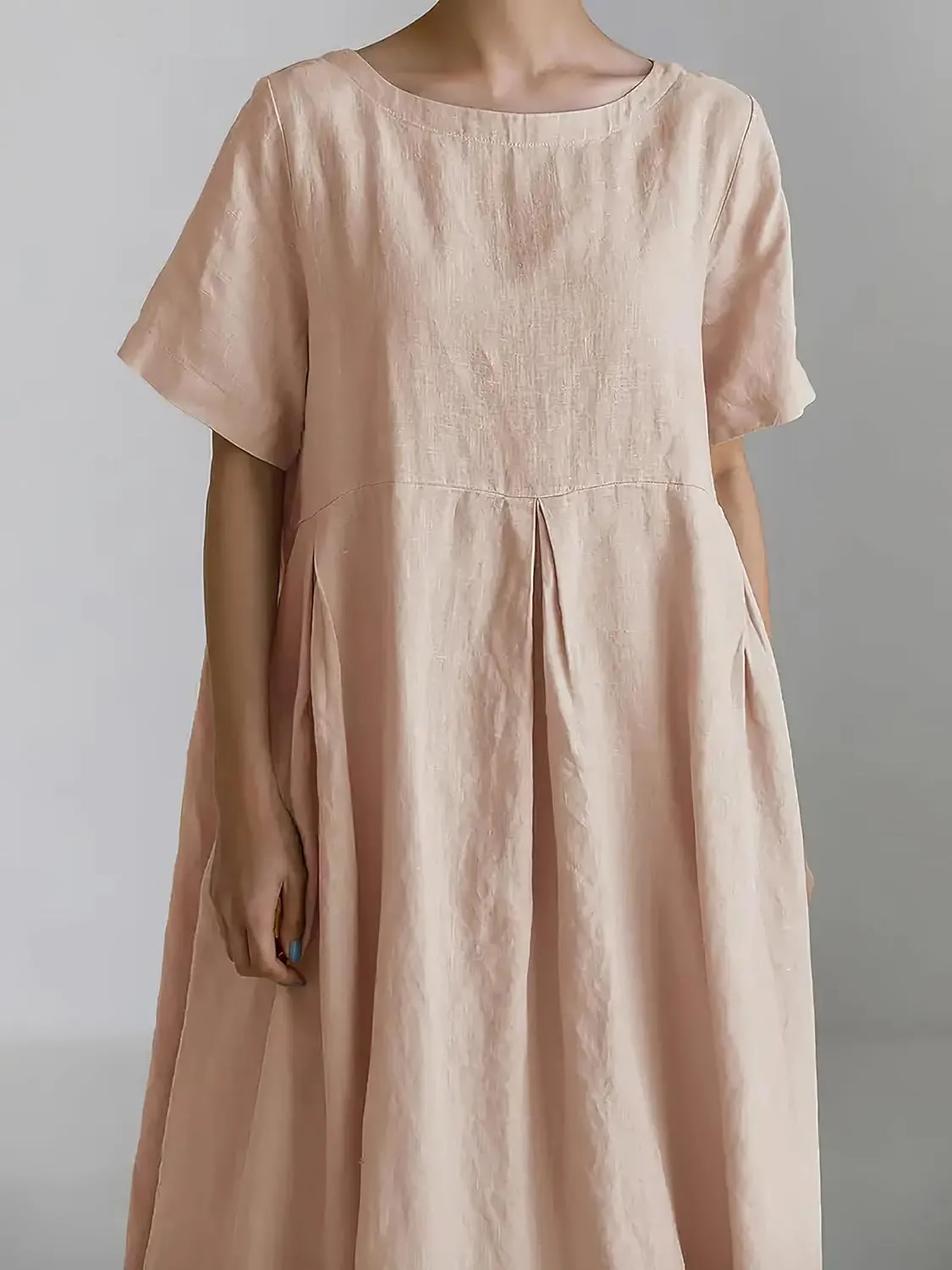 Women's Casual Plus Size Short Sleeve Long Dress Summer Crew Neck Flowy Pleated Midi Dressed with Pockets