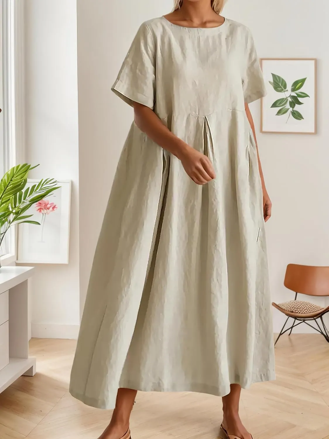 Women's Casual Plus Size Short Sleeve Long Dress Summer Crew Neck Flowy Pleated Midi Dressed with Pockets