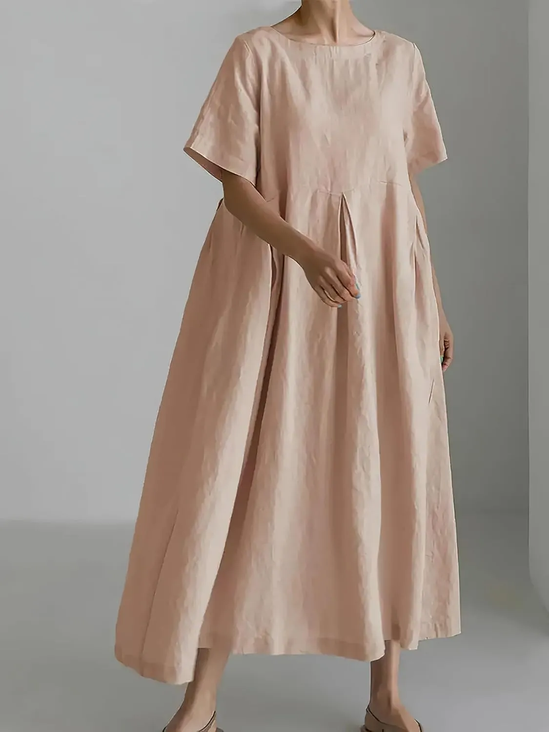 Women's Casual Plus Size Short Sleeve Long Dress Summer Crew Neck Flowy Pleated Midi Dressed with Pockets