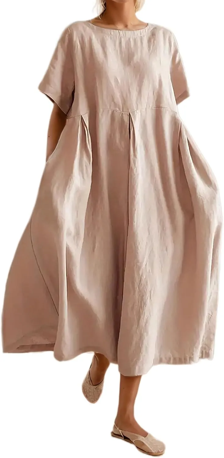 Women's Casual Plus Size Short Sleeve Long Dress Summer Crew Neck Flowy Pleated Midi Dressed with Pockets
