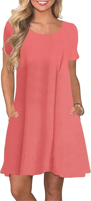 Women's Casual Solid Color Sundress Fashionable Two Pockets Midi Dresses Lightweight Cocktail Party T-Shirt Dresses