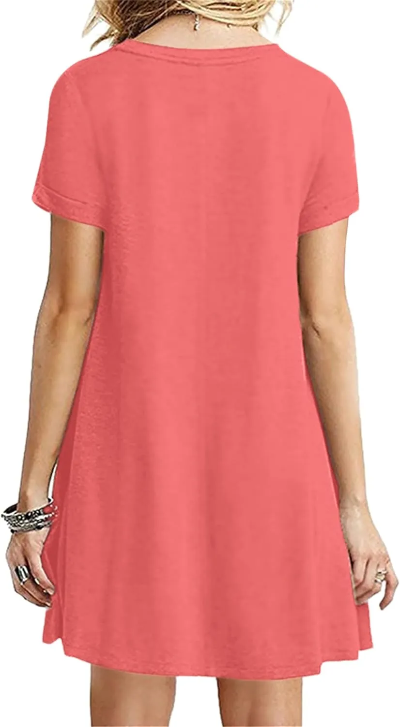 Women's Casual Solid Color Sundress Fashionable Two Pockets Midi Dresses Lightweight Cocktail Party T-Shirt Dresses