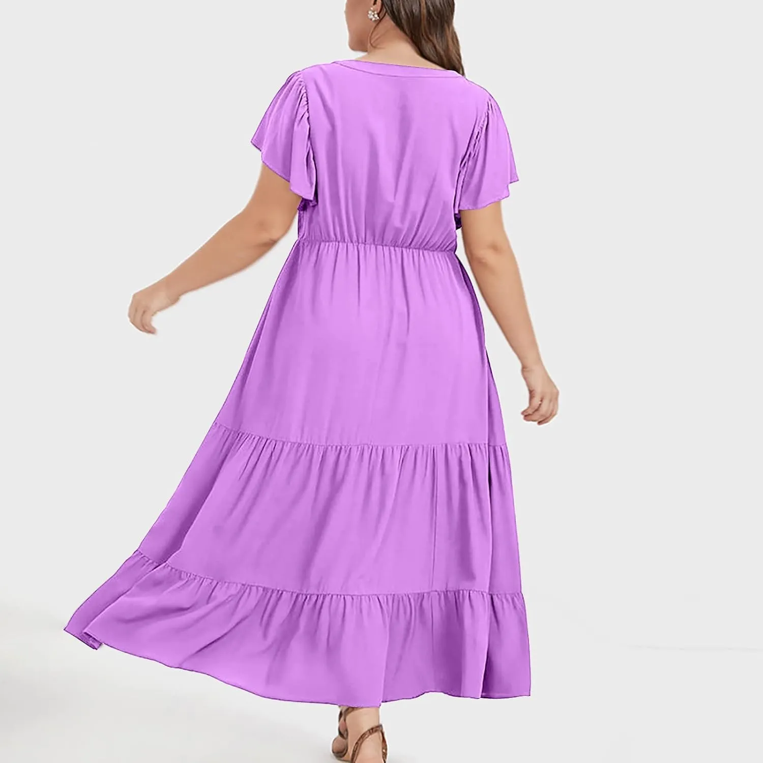 Women's Casual Summer Plus Size Dresses Ruffle Short Sleeve V Neck Swing Tiered Flowy Midi Dresses with Pockets