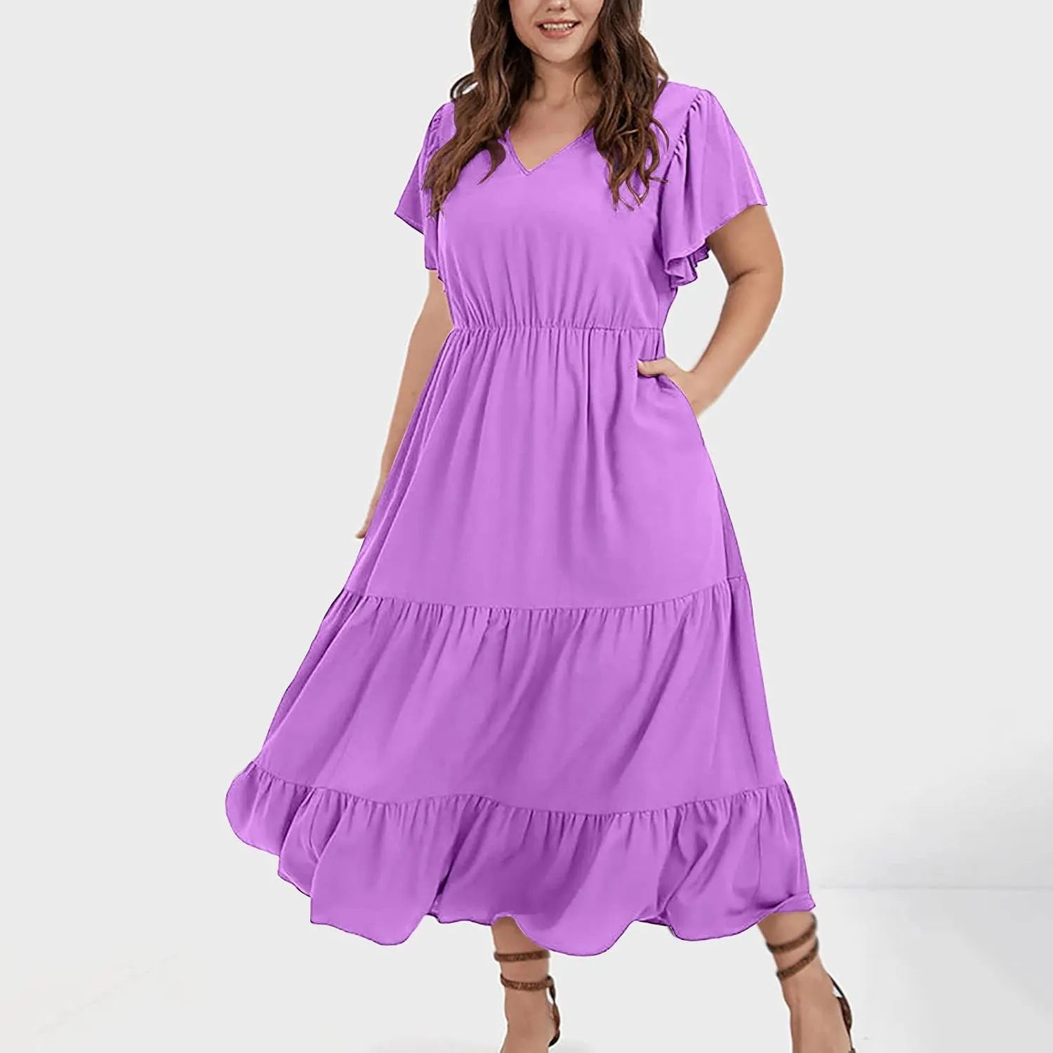 Women's Casual Summer Plus Size Dresses Ruffle Short Sleeve V Neck Swing Tiered Flowy Midi Dresses with Pockets