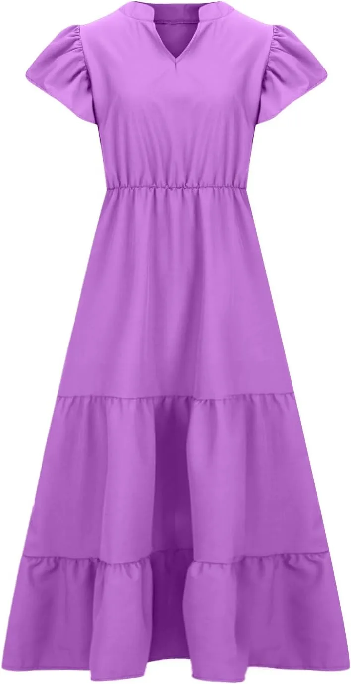 Women's Casual Summer Plus Size Dresses Ruffle Short Sleeve V Neck Swing Tiered Flowy Midi Dresses with Pockets