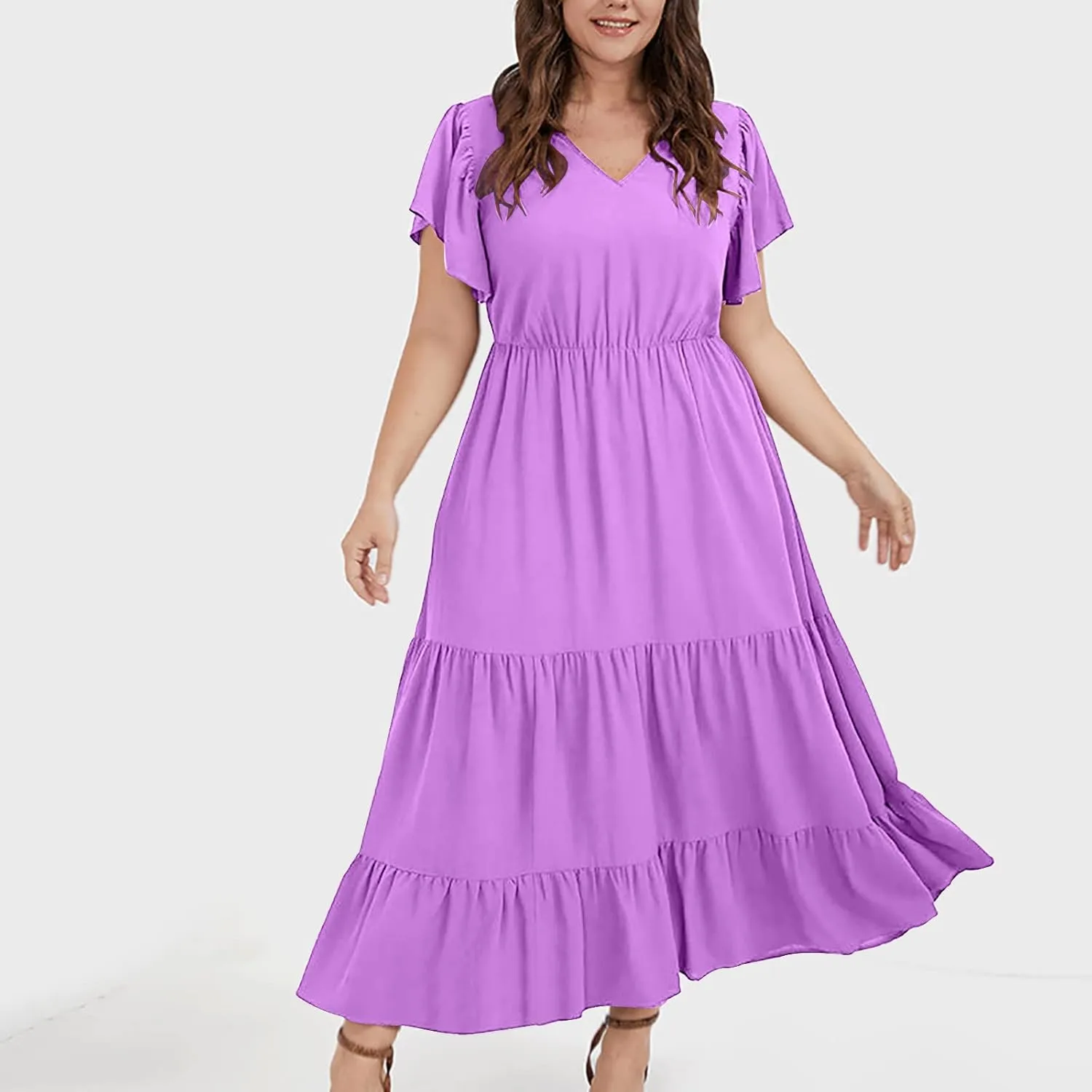 Women's Casual Summer Plus Size Dresses Ruffle Short Sleeve V Neck Swing Tiered Flowy Midi Dresses with Pockets