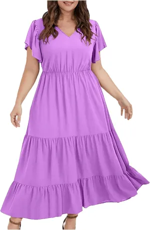 Women's Casual Summer Plus Size Dresses Ruffle Short Sleeve V Neck Swing Tiered Flowy Midi Dresses with Pockets
