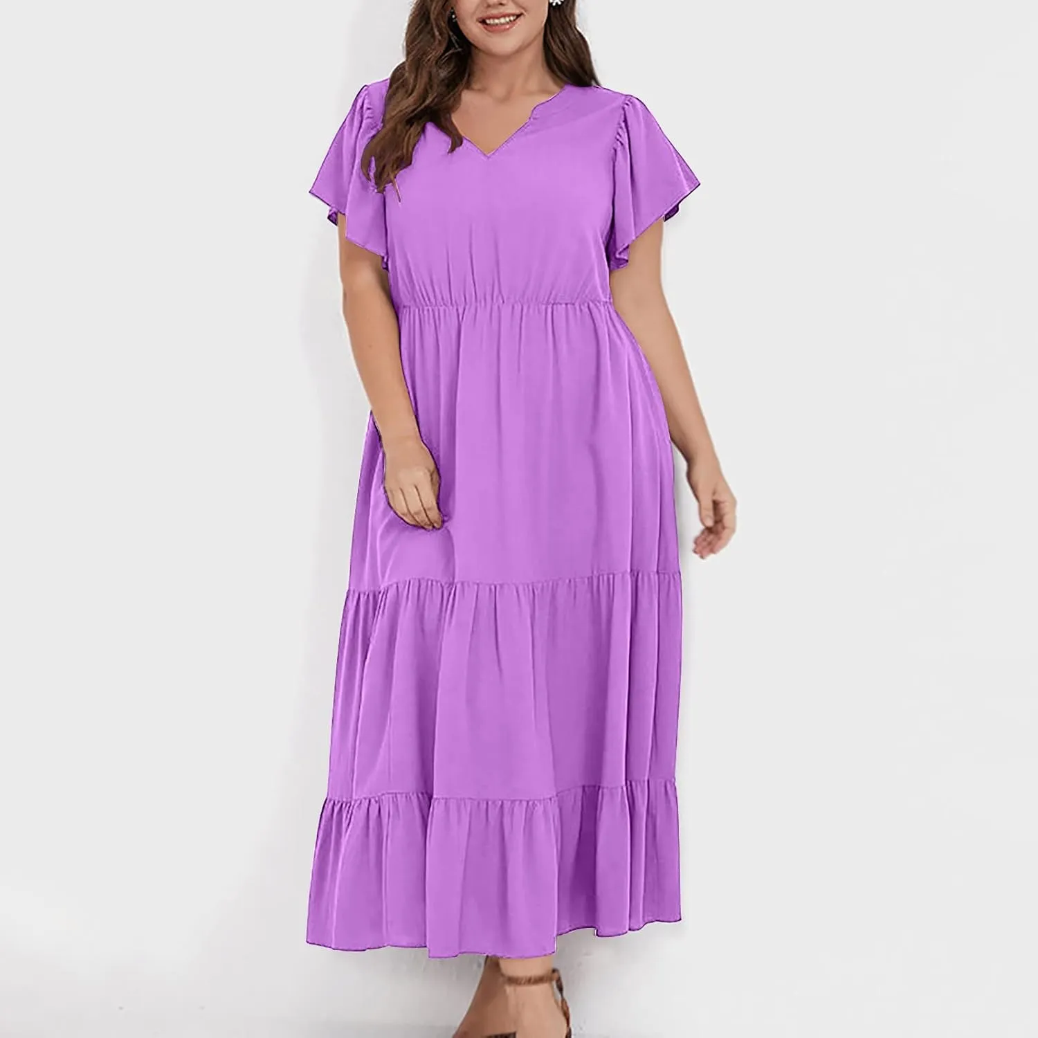 Women's Casual Summer Plus Size Dresses Ruffle Short Sleeve V Neck Swing Tiered Flowy Midi Dresses with Pockets