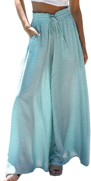 Womens Casual Wide Leg Pants Ruffle Elastic Drawstring Beach Palazzo Loose Pants Comfy Trousers with Pockets