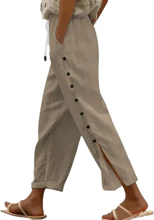 Womens Cotton Linen Casual Summer Straight Long Leg Pants Elastic High Waist Beach Capris Trousers with Pockets