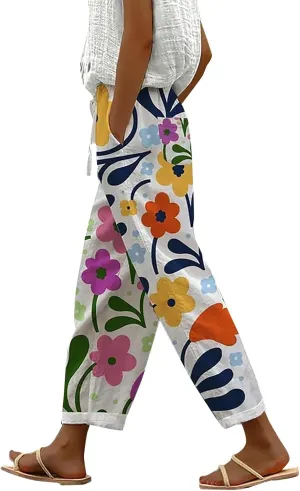 Womens Cotton Linen Casual Summer Straight Long Leg Pants Elastic High Waist Beach Capris Trousers with Pockets