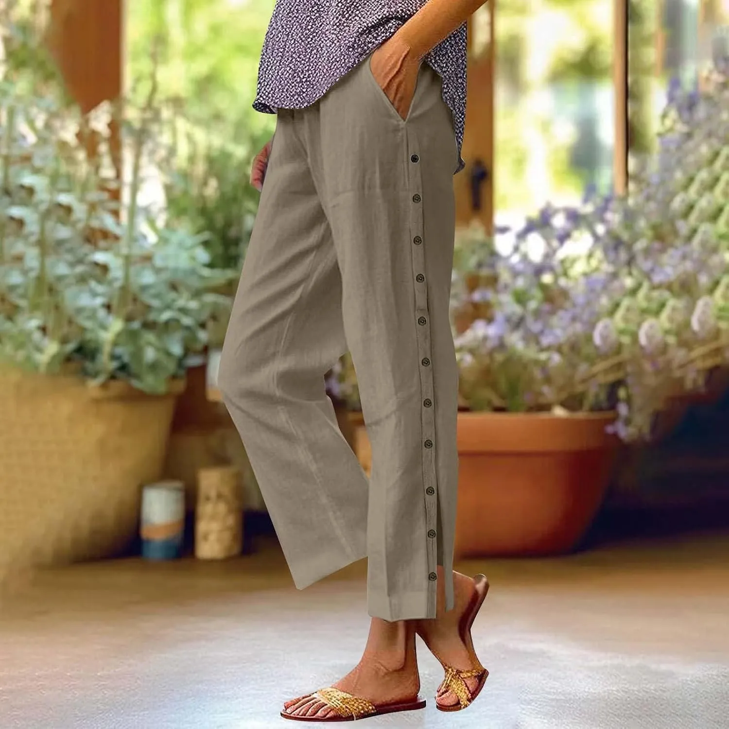 Womens Cotton Linen Casual Summer Straight Long Leg Pants Elastic High Waist Beach Capris Trousers with Pockets