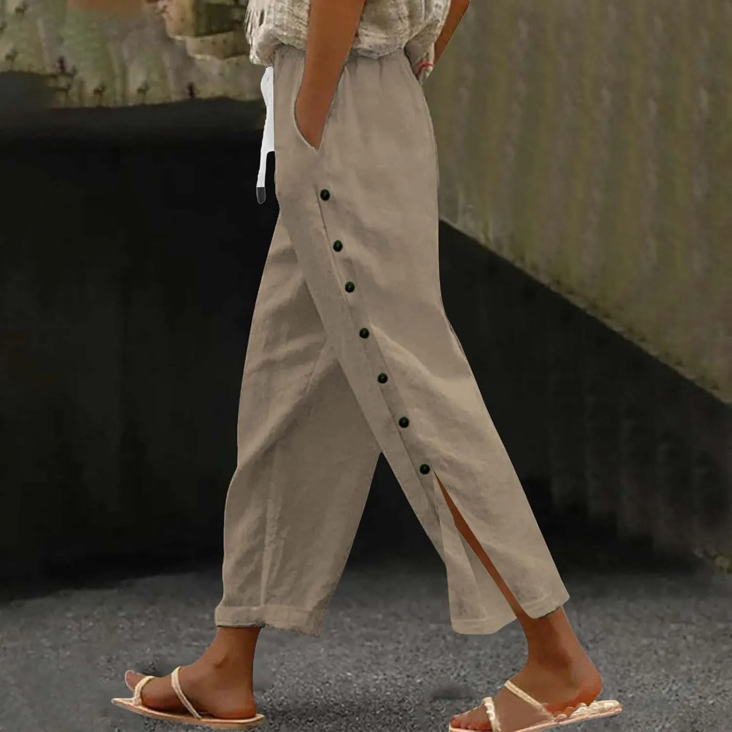 Womens Cotton Linen Casual Summer Straight Long Leg Pants Elastic High Waist Beach Capris Trousers with Pockets
