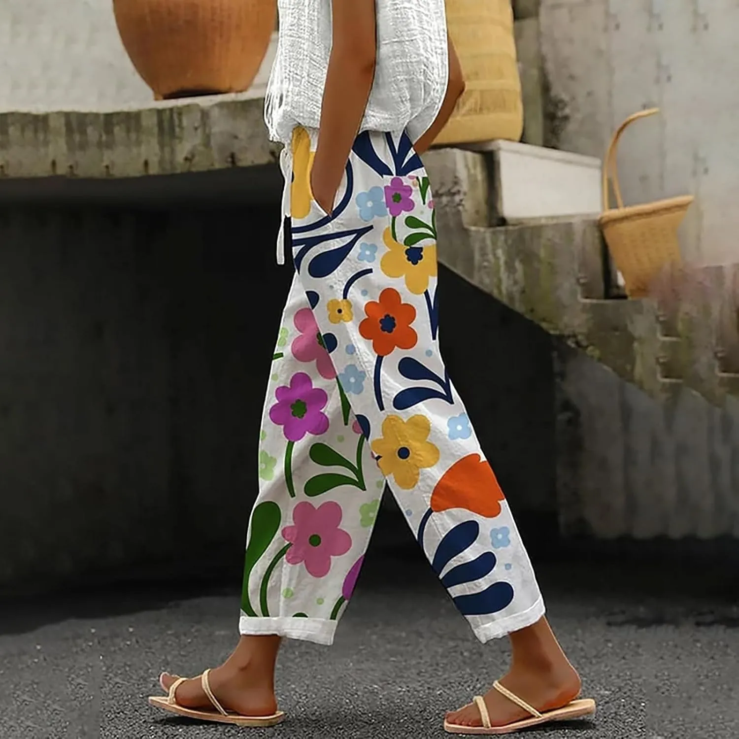 Womens Cotton Linen Casual Summer Straight Long Leg Pants Elastic High Waist Beach Capris Trousers with Pockets
