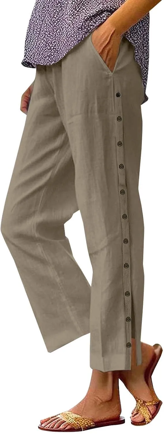 Womens Cotton Linen Casual Summer Straight Long Leg Pants Elastic High Waist Beach Capris Trousers with Pockets