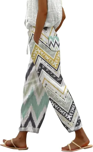 Womens Cotton Linen Casual Summer Straight Long Leg Pants Elastic High Waist Beach Capris Trousers with Pockets