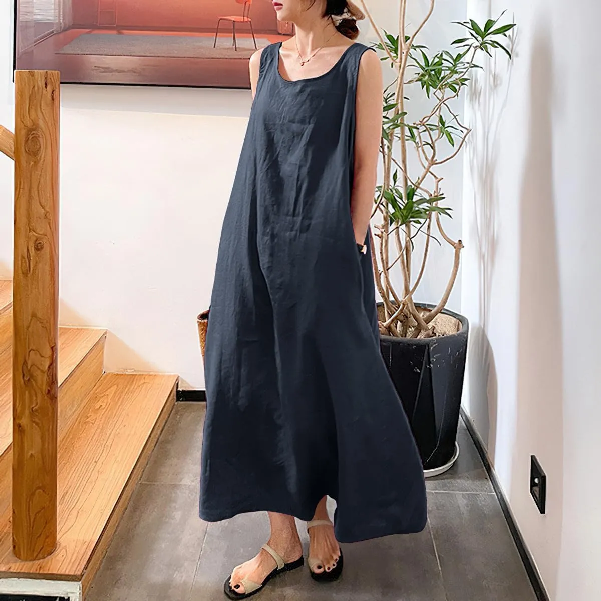 Womens Cotton Linen Sleeveless Beach Dresses Sundress Casual Maxi Tunic Tank Dress with Pocket