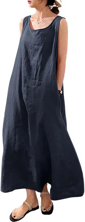 Womens Cotton Linen Sleeveless Beach Dresses Sundress Casual Maxi Tunic Tank Dress with Pocket