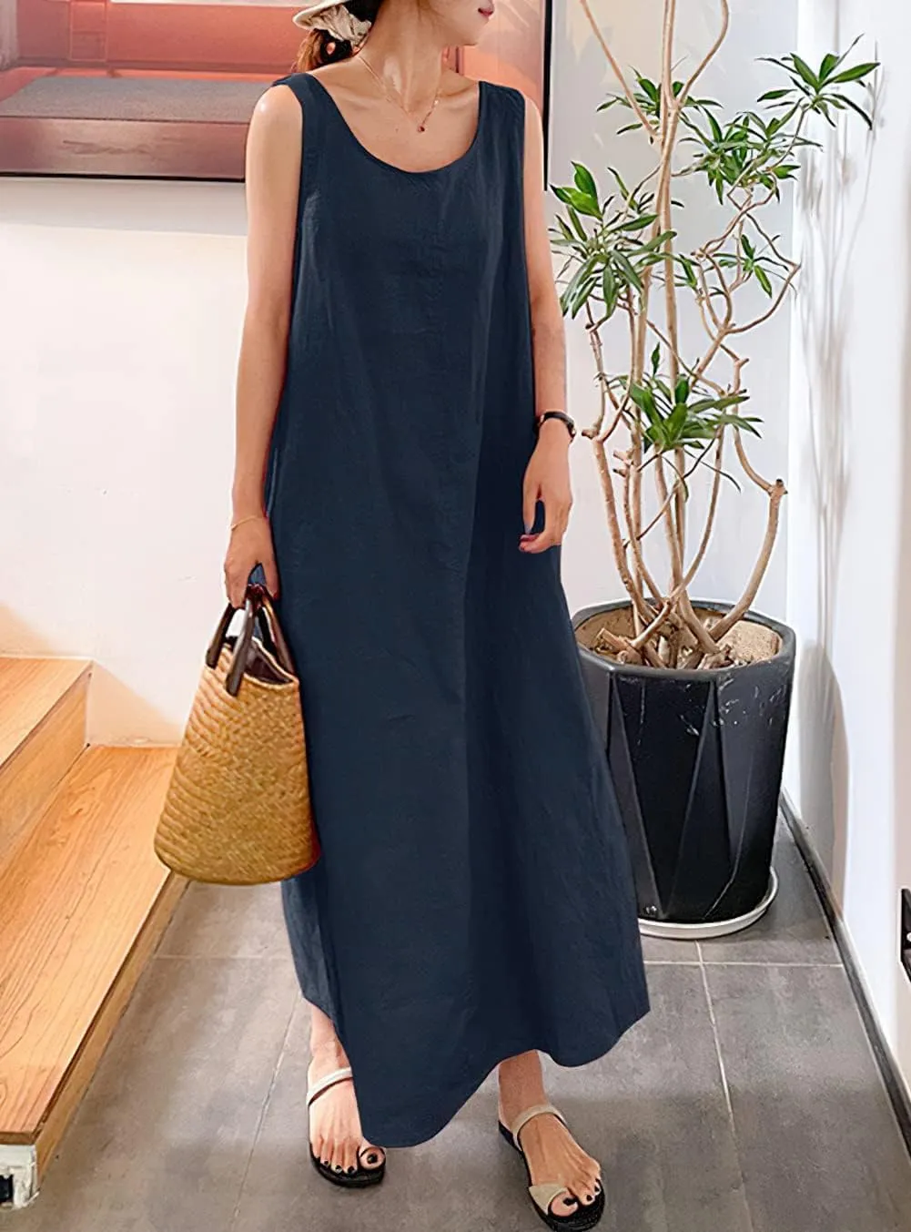Womens Cotton Linen Sleeveless Beach Dresses Sundress Casual Maxi Tunic Tank Dress with Pocket