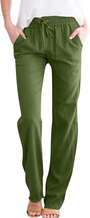 Women's Cotton Linen Straight Leg Pants Elastic Drawstring Summer Trousers with Pockets 2025 Beach Lounge Pants