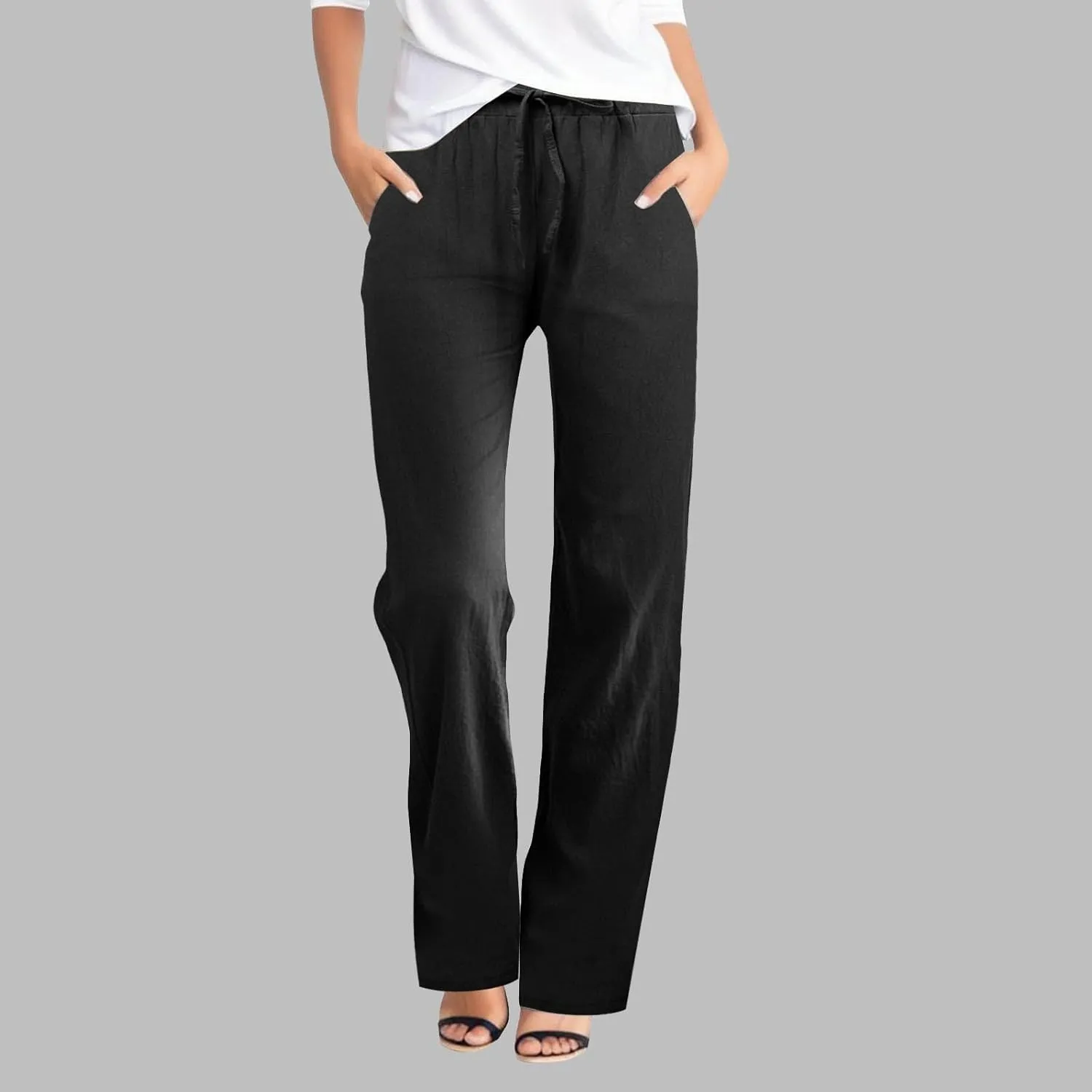 Womens Cotton Linen Summer Lightweigt Pants Elastic Waisted Stretchy Slim-Fit Pant Trousers Trendy