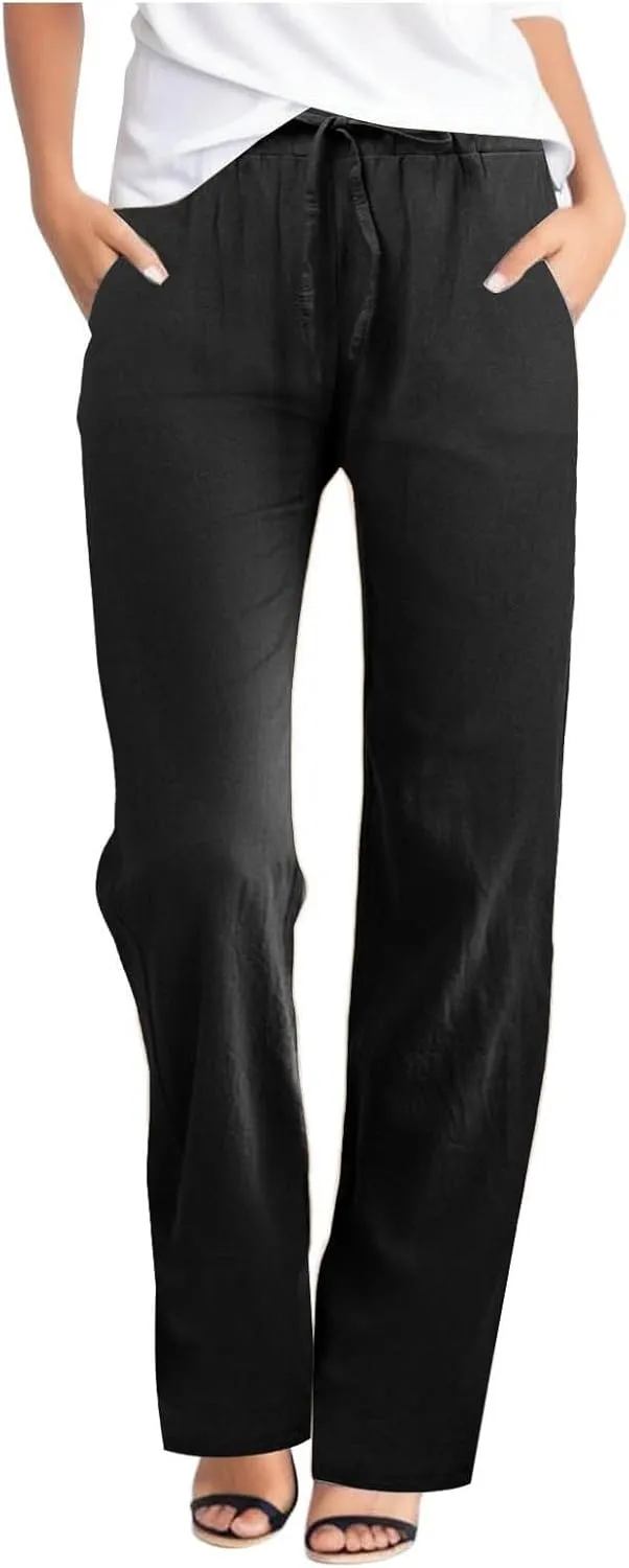 Womens Cotton Linen Summer Lightweigt Pants Elastic Waisted Stretchy Slim-Fit Pant Trousers Trendy