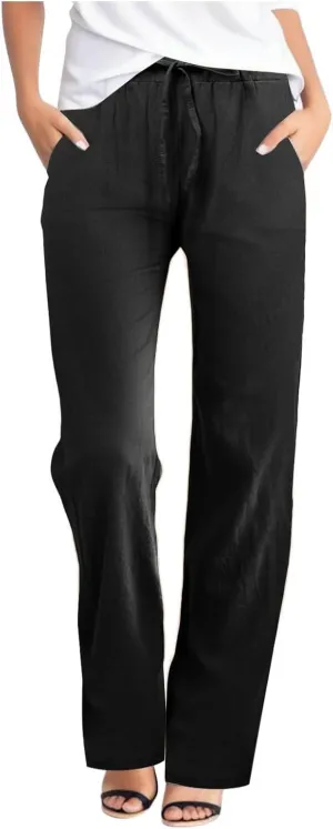 Womens Cotton Linen Summer Lightweigt Pants Elastic Waisted Stretchy Slim-Fit Pant Trousers Trendy