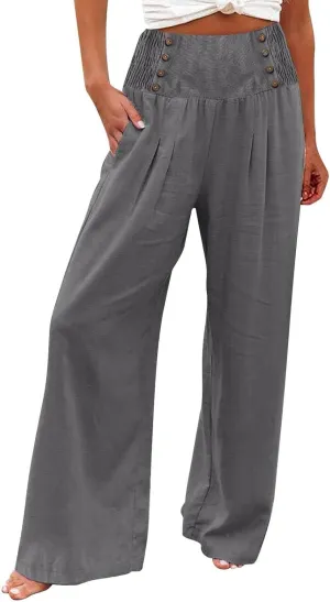 Womens Cotton Linen Summer Print Palazzo Lounge Pants Elastic Waist Lounge Pants Loose Fit Pants Work Business