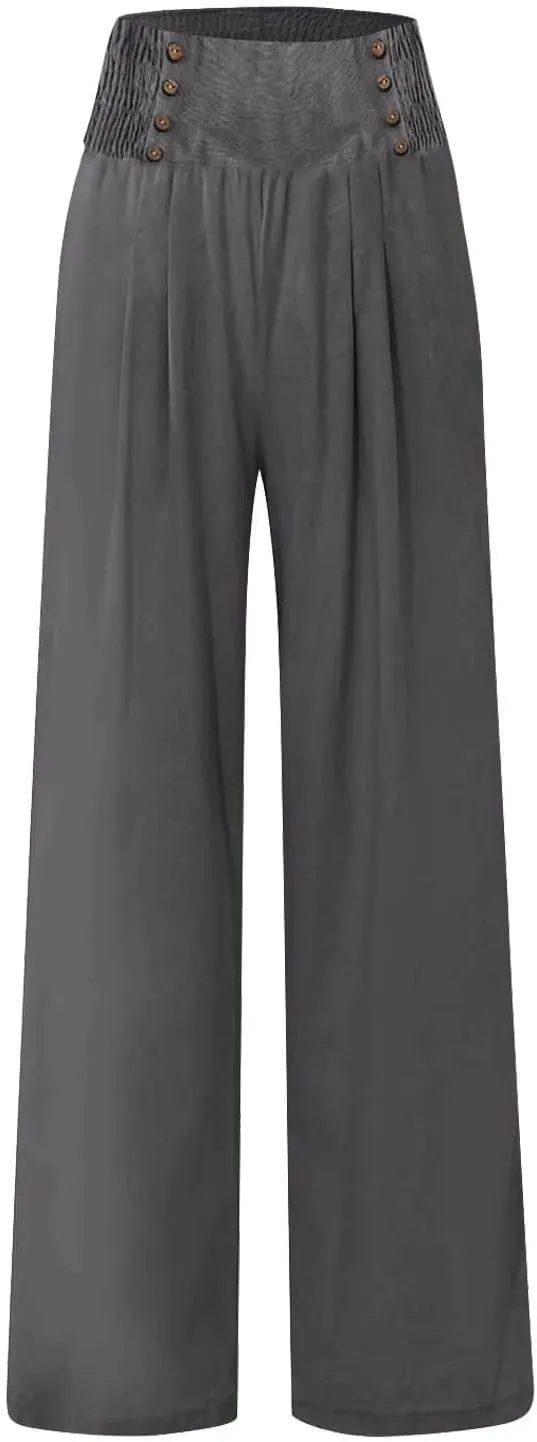 Womens Cotton Linen Summer Print Palazzo Lounge Pants Elastic Waist Lounge Pants Loose Fit Pants Work Business