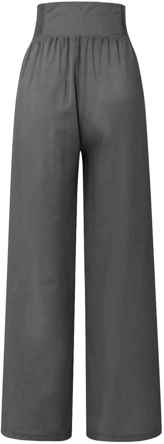 Womens Cotton Linen Summer Print Palazzo Lounge Pants Elastic Waist Lounge Pants Loose Fit Pants Work Business