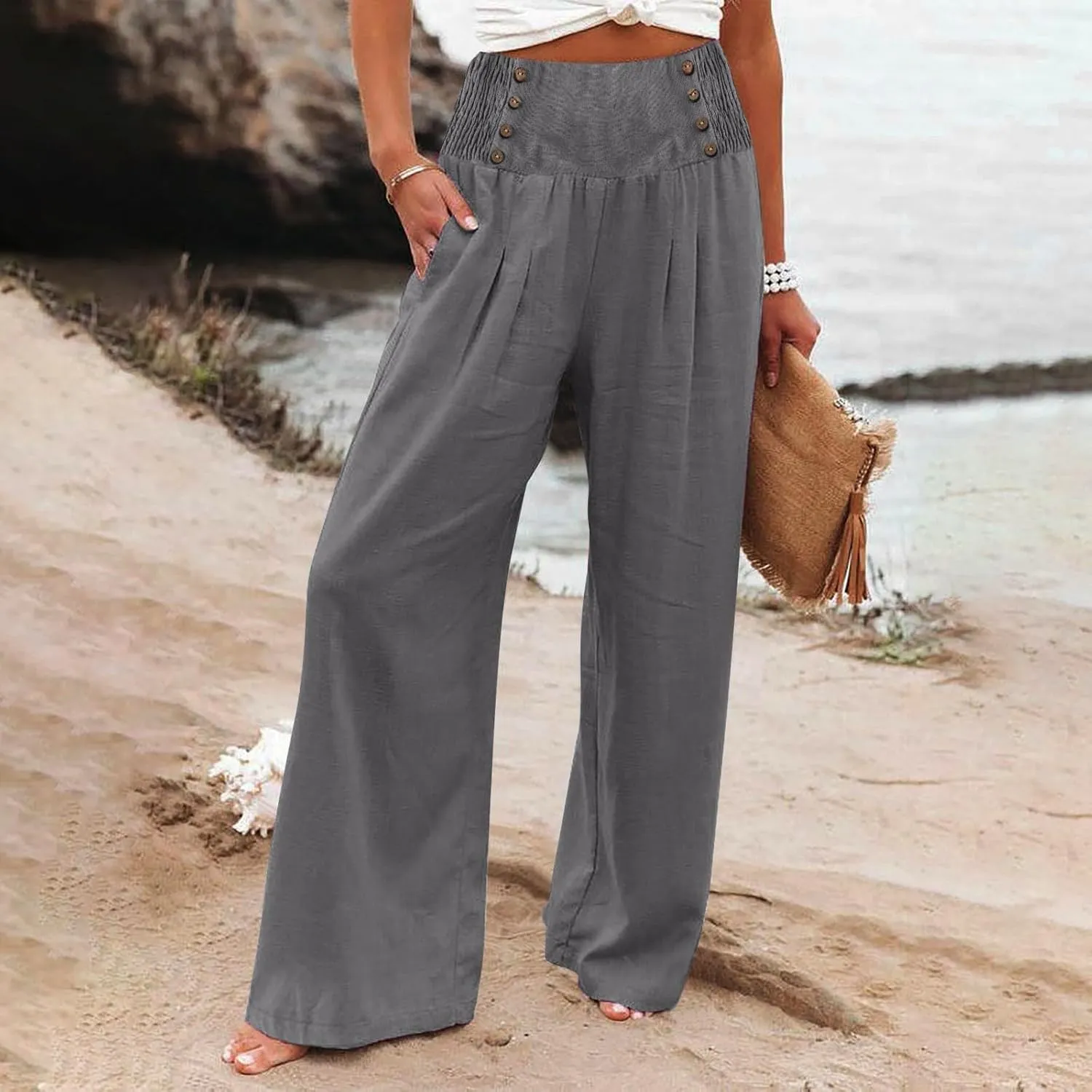 Womens Cotton Linen Summer Print Palazzo Lounge Pants Elastic Waist Lounge Pants Loose Fit Pants Work Business