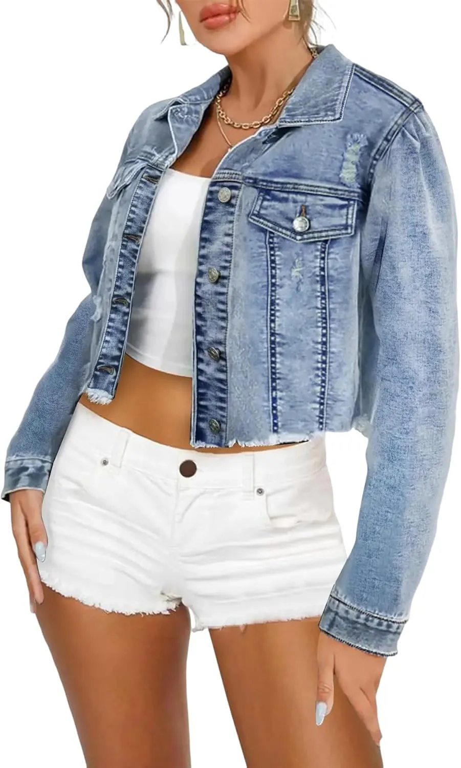 Women's Crop Denim Jacket Casual Long Sleeve Ripped Frayed Hem Jean Jackets