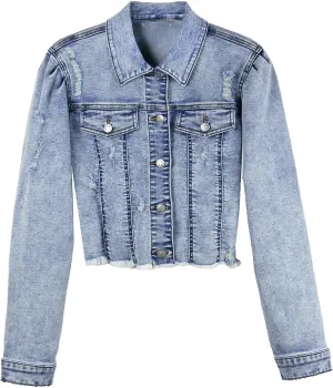 Women's Crop Denim Jacket Casual Long Sleeve Ripped Frayed Hem Jean Jackets