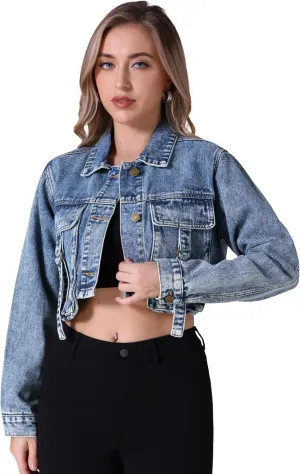 Women's Denim Jacket Button Down Long Sleeve Cargo Pockets Washed Jean Jackets