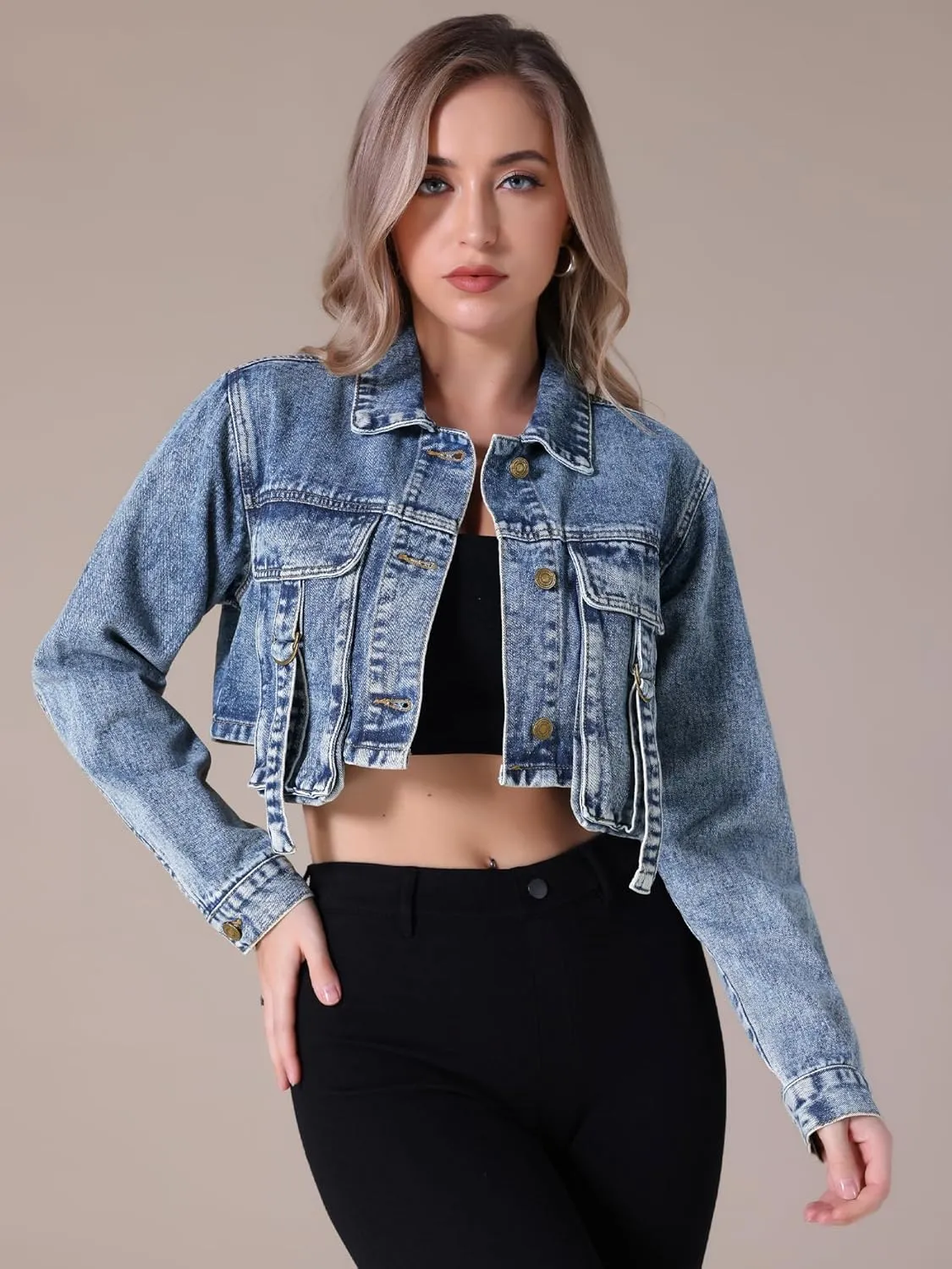 Women's Denim Jacket Button Down Long Sleeve Cargo Pockets Washed Jean Jackets
