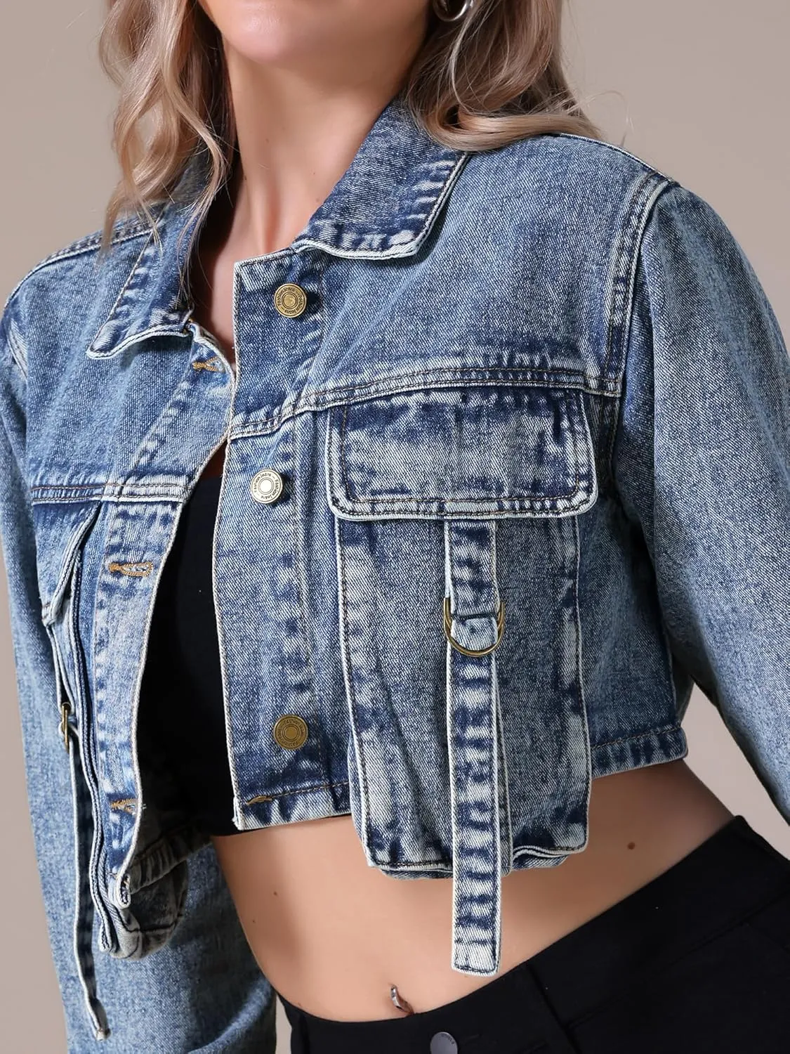 Women's Denim Jacket Button Down Long Sleeve Cargo Pockets Washed Jean Jackets