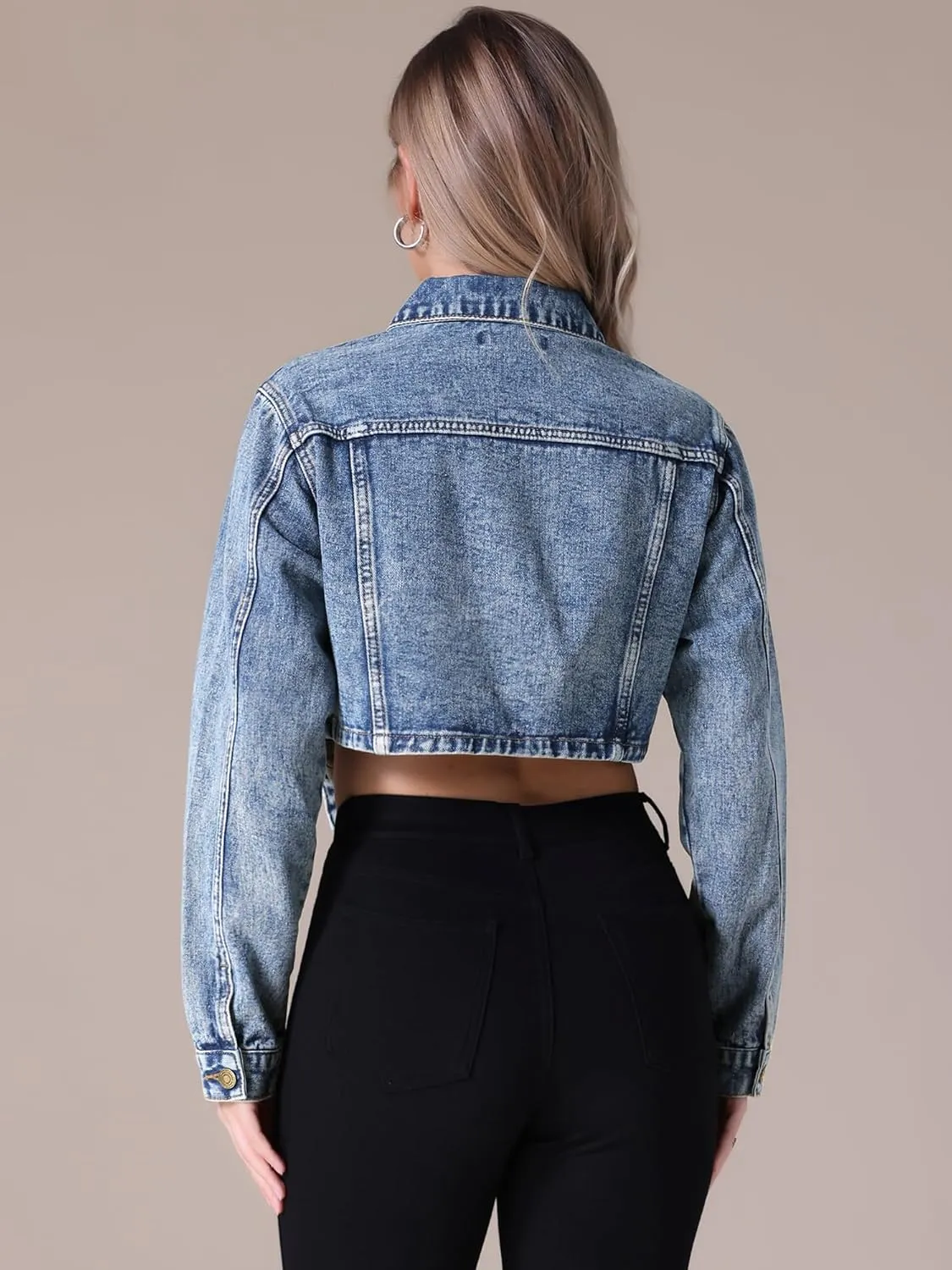 Women's Denim Jacket Button Down Long Sleeve Cargo Pockets Washed Jean Jackets
