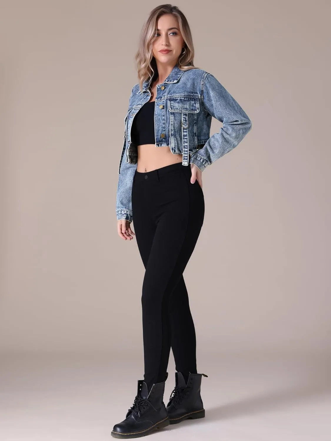 Women's Denim Jacket Button Down Long Sleeve Cargo Pockets Washed Jean Jackets