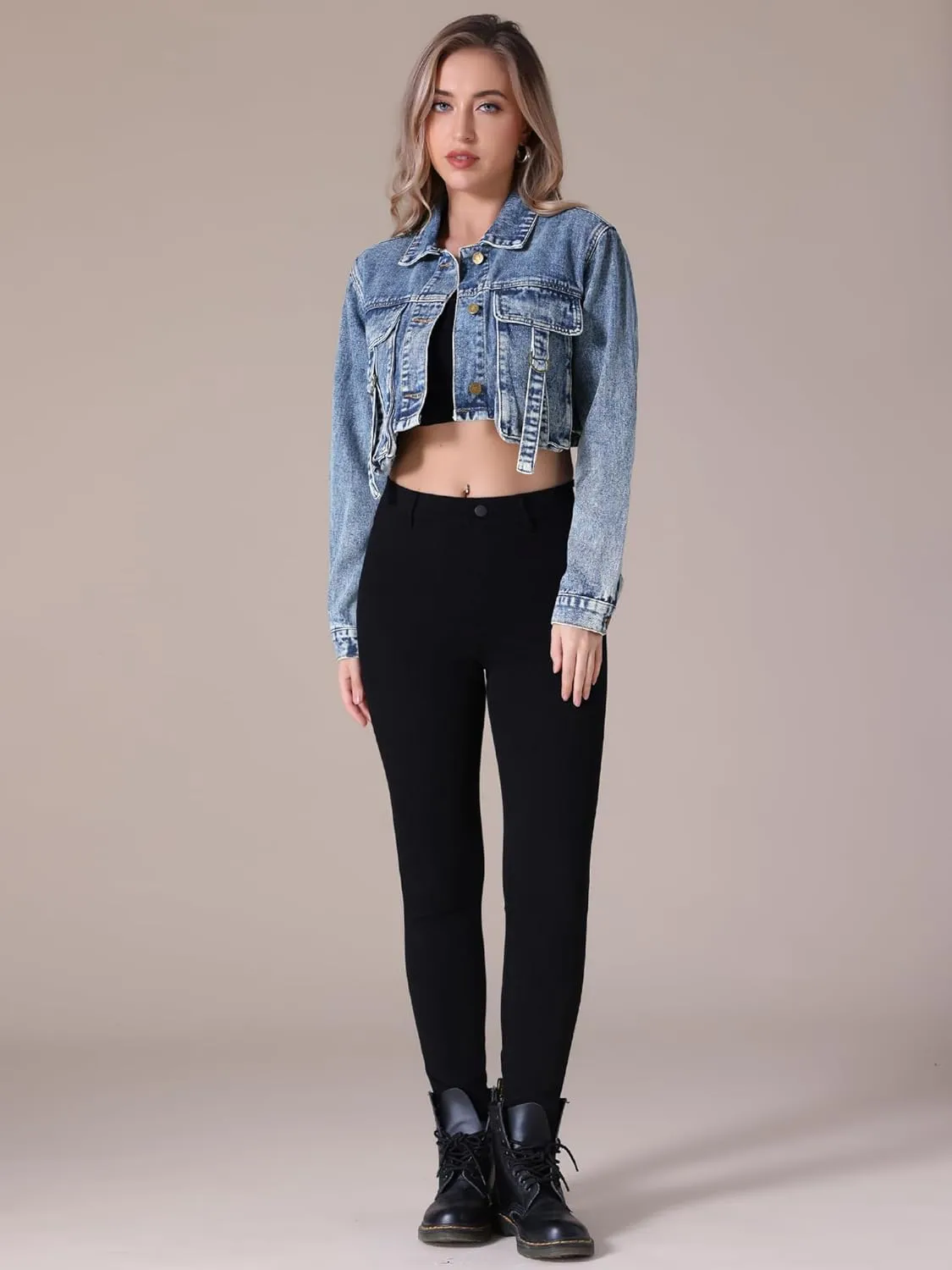 Women's Denim Jacket Button Down Long Sleeve Cargo Pockets Washed Jean Jackets