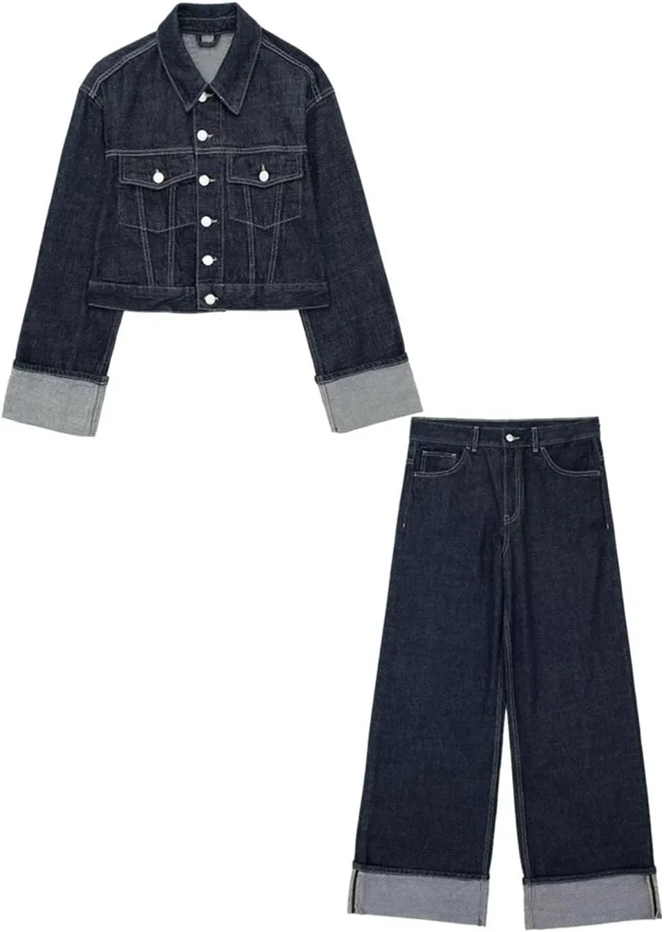 Women's Denim Jacket Coat   High Waisted Wide Leg Jeans Trouser Set