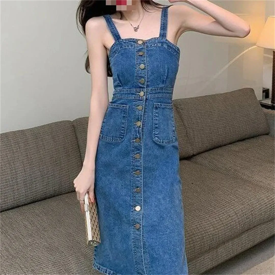Women's Denim Suspender Single Breasted Waist Slimming Mid Length Jeans Dress
