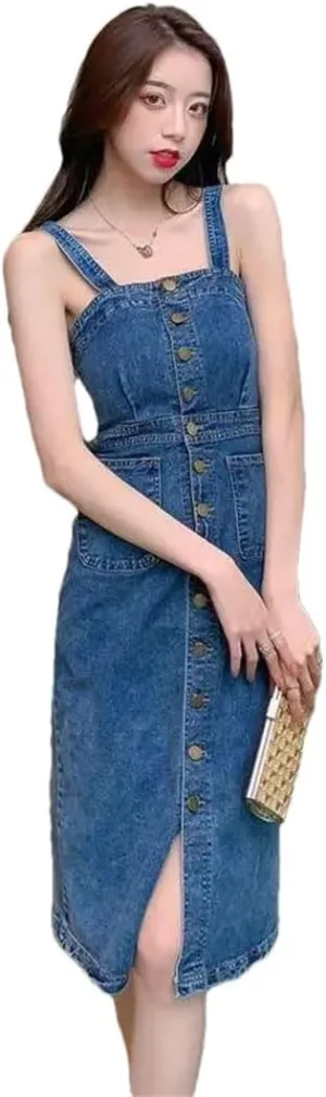 Women's Denim Suspender Single Breasted Waist Slimming Mid Length Jeans Dress