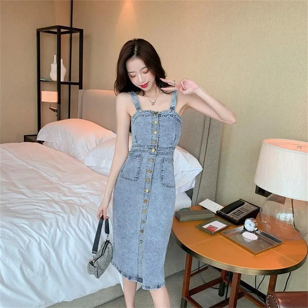 Women's Denim Suspender Single Breasted Waist Slimming Mid Length Jeans Dress